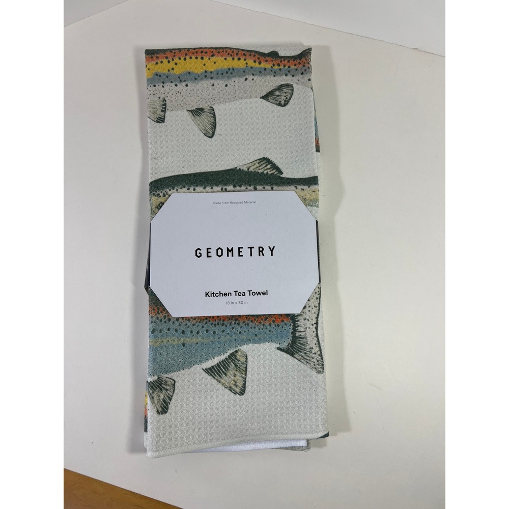 Geometry Tea Towel Hooked on Fishing 18 x 30" New White Green Blue NIP